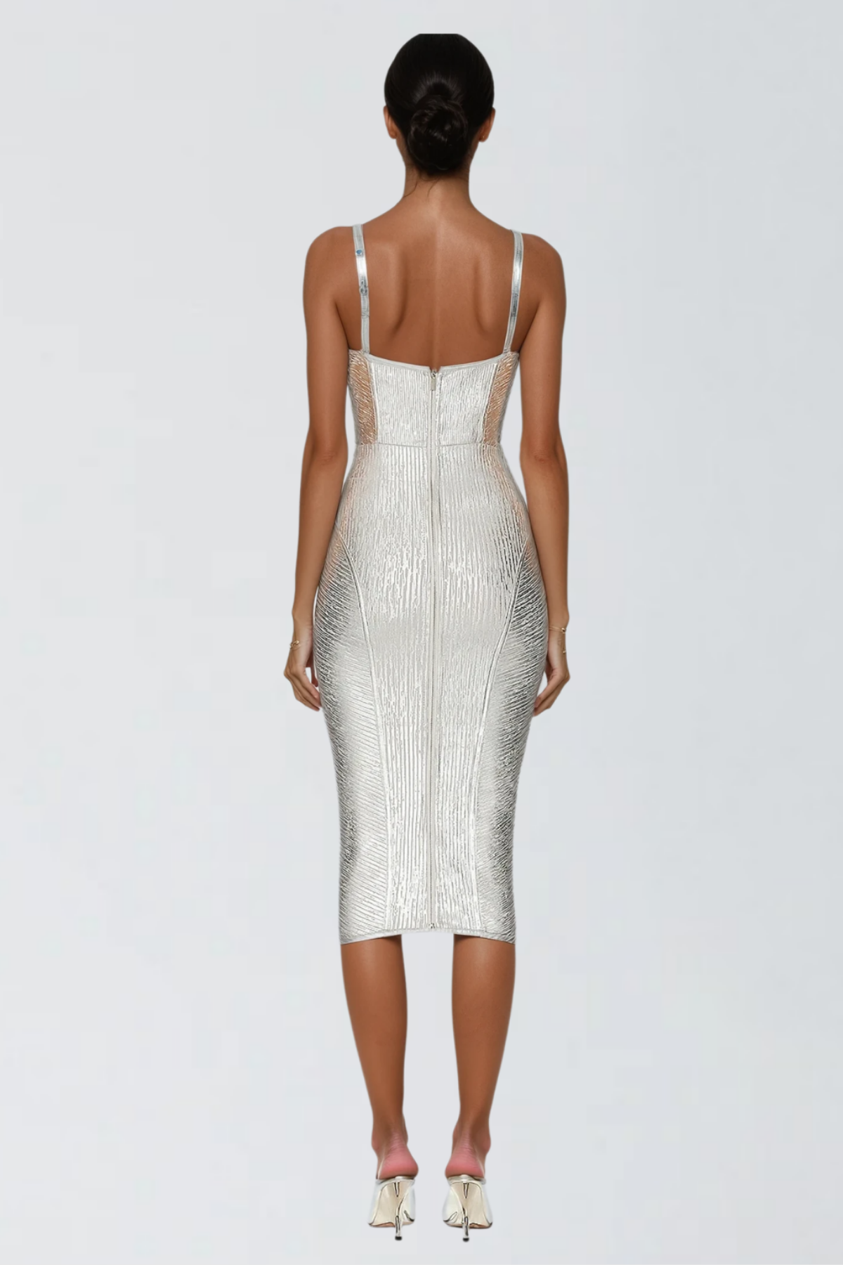 Metallic Ribbed Bustier Corset Spaghetti Strap Bodycon Midi Dress - View 4