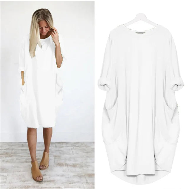 Oversized Round Neck Dropped Shoulder Patch Pocket Cocoon Dress - View 8