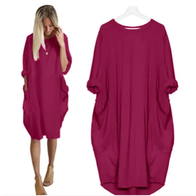 Oversized Round Neck Dropped Shoulder Patch Pocket Cocoon Dress - View 10
