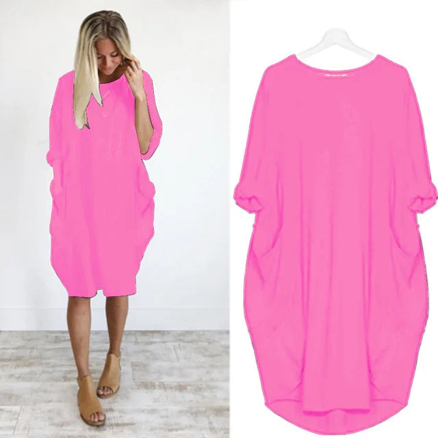 Oversized Round Neck Dropped Shoulder Patch Pocket Cocoon Dress - View 13