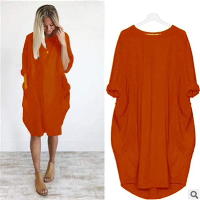Oversized Round Neck Dropped Shoulder Patch Pocket Cocoon Dress - View 11