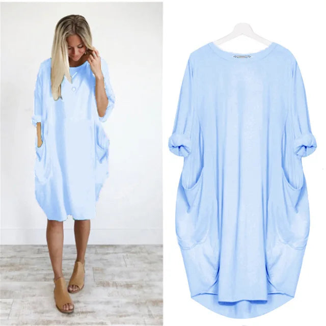 Oversized Round Neck Dropped Shoulder Patch Pocket Cocoon Dress - View 4