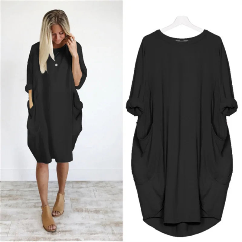 Oversized Round Neck Dropped Shoulder Patch Pocket Cocoon Dress