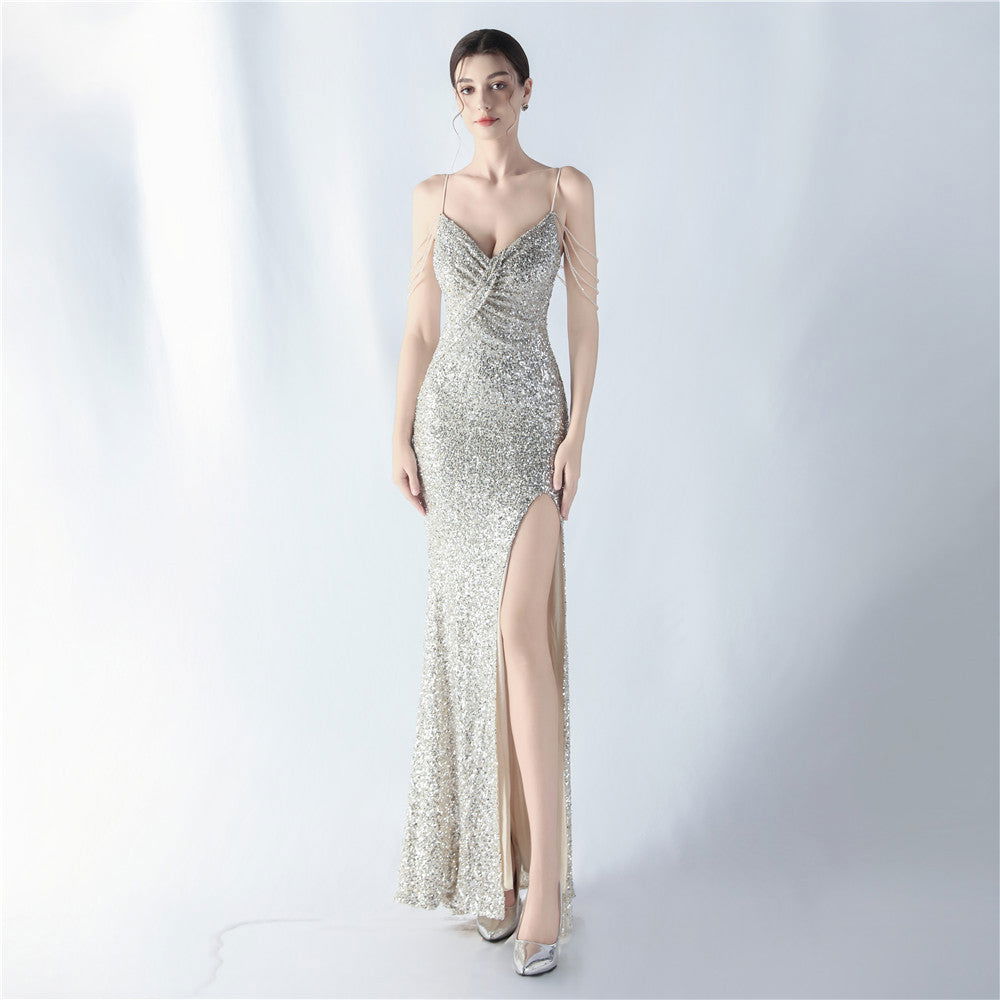 Sequin Spaghetti Strap V-Neck Ruched High Split Mermaid Gown - View 8
