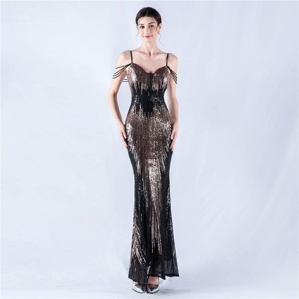 Sequin Spaghetti Strap Deep V-Neck Beaded Mermaid Maxi Gown - View 3