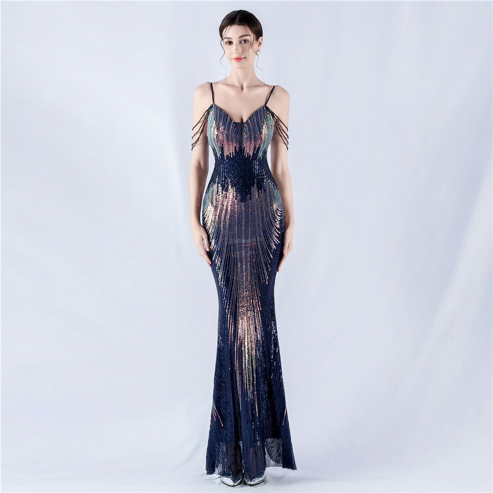 Sequin Spaghetti Strap Deep V-Neck Beaded Mermaid Maxi Gown - View 4