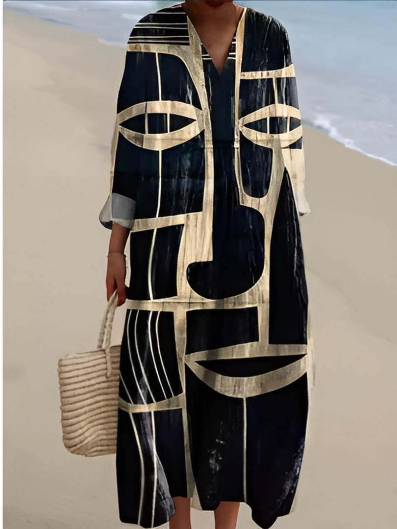 Abstract Face Print V-Neck Long Sleeve Maxi Dress