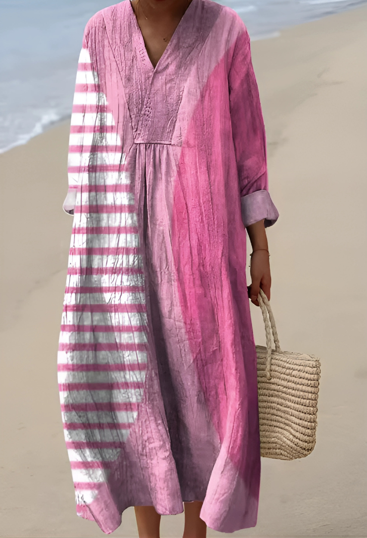 Striped Contrast V-Neck Long Sleeve Maxi Dress