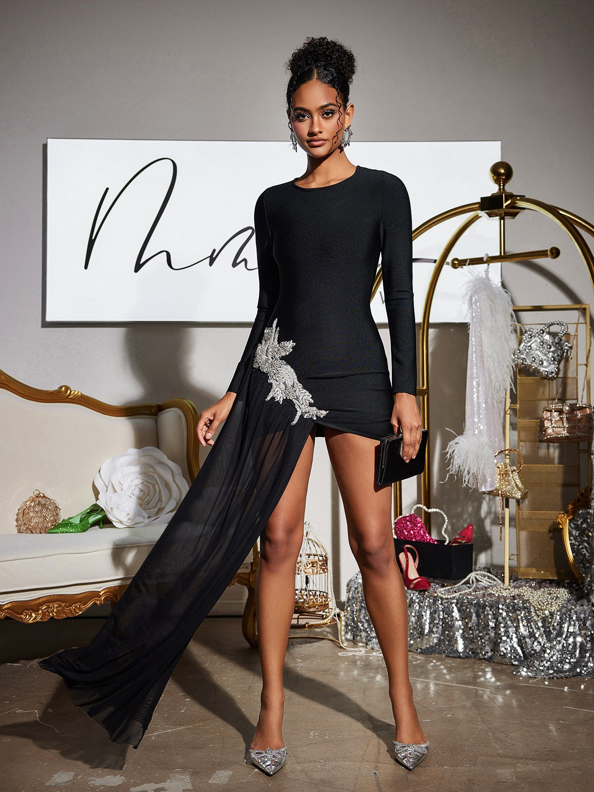 Long Sleeve Round Neck Bandage Rhinestone Floral Mesh Train Mini Dress - View 3