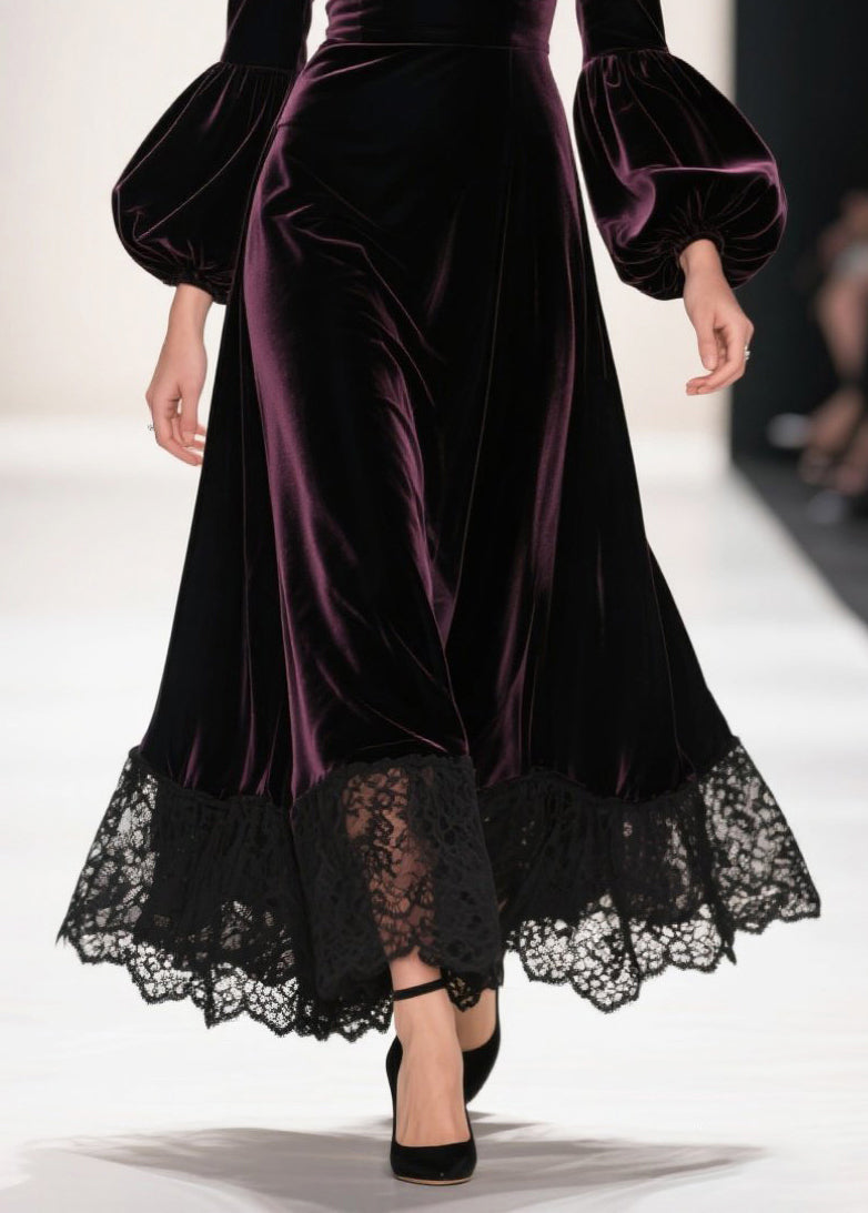 Dull Purple Patchwork Silk Velvet Maxi Dresses Deep-V Neck Lantern Sleeve - View 4