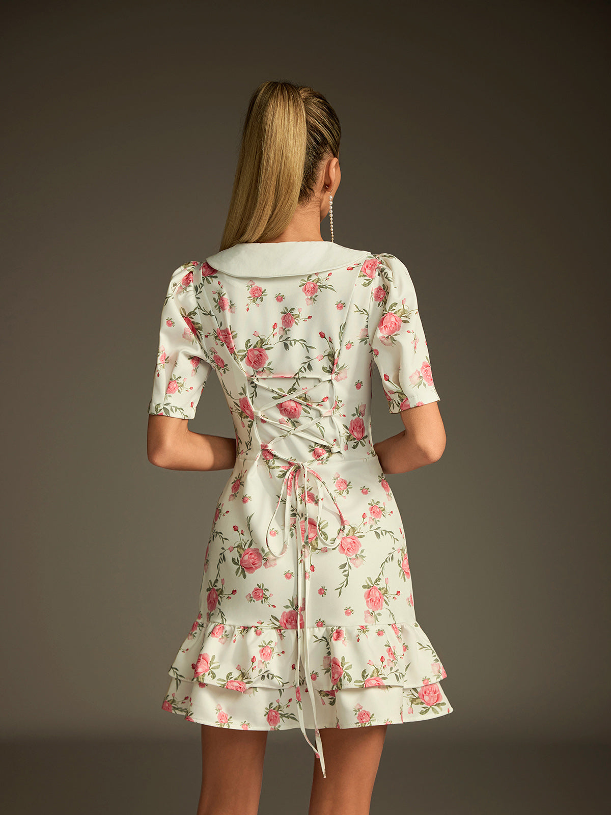 Short Sleeve Pointed Collar Pearl Button Floral Tiered Mini Dress - View 6