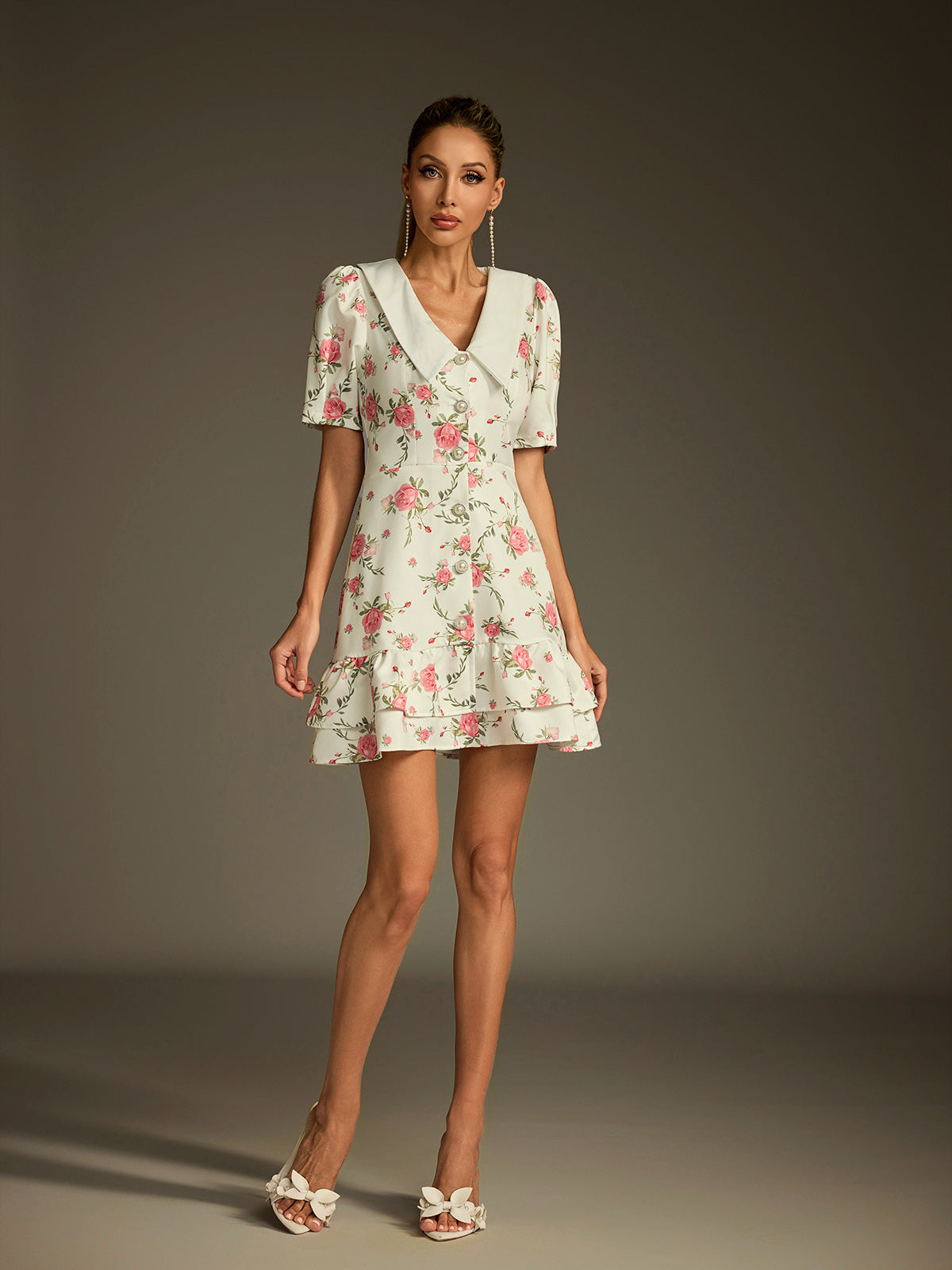 Short Sleeve Pointed Collar Pearl Button Floral Tiered Mini Dress - View 4