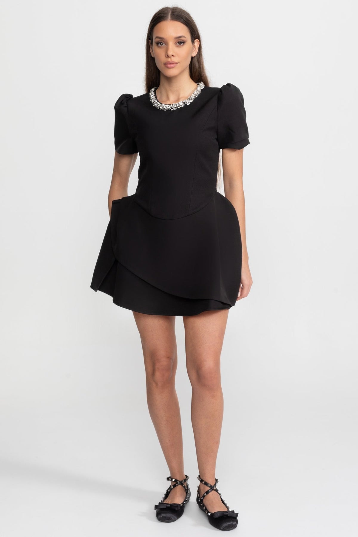 Rhinestone Collar Short Sleeve Puff Shoulder Mini Dress - View 3