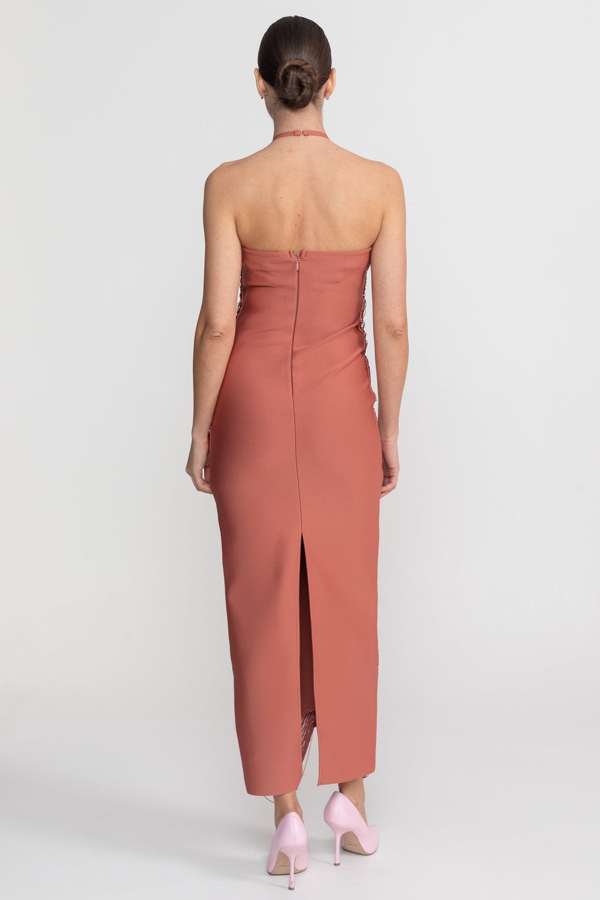 Halter Neck Midi Dress With All-Over Pleated Texture - Light Brown - View 5