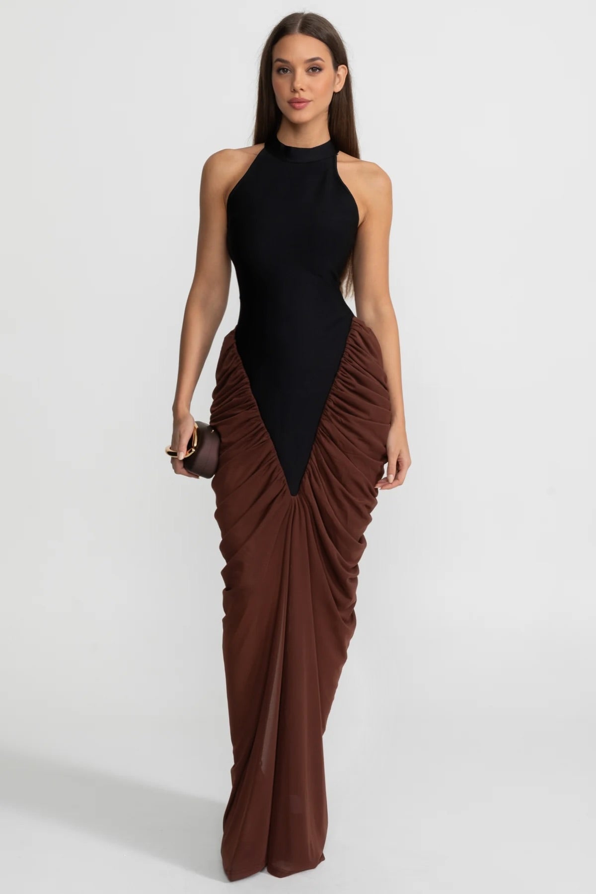 Halter Maxi Dress with Contrasting Ruched Paneling - Black/Brown