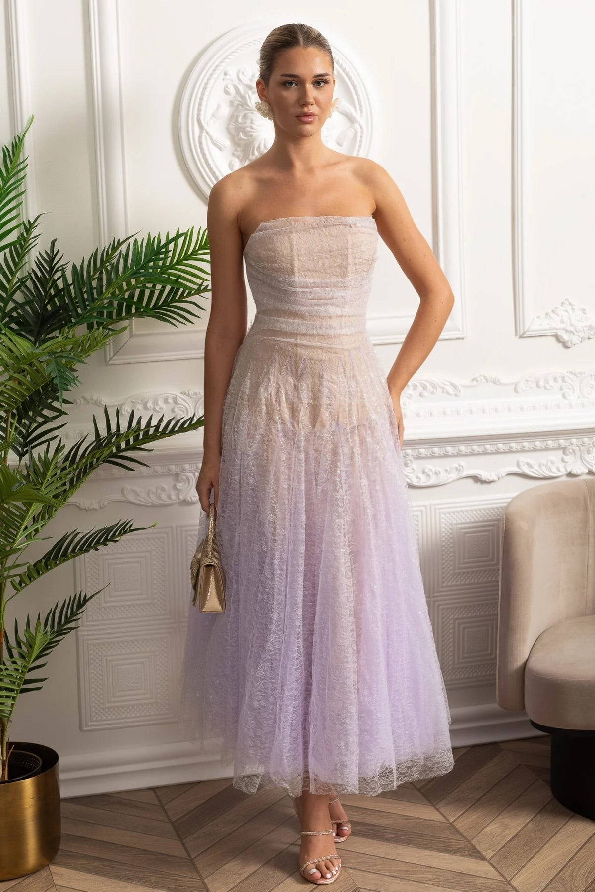 Strapless A-Line Midi Dress - Lilac Gradient - View 2