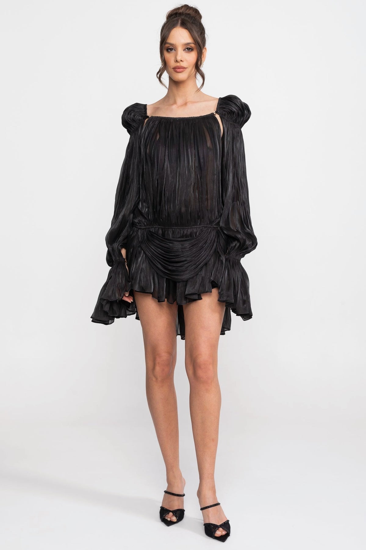 Pleated Puff Sleeve Ruffle Tier Cape Back Mini Dress - View 3