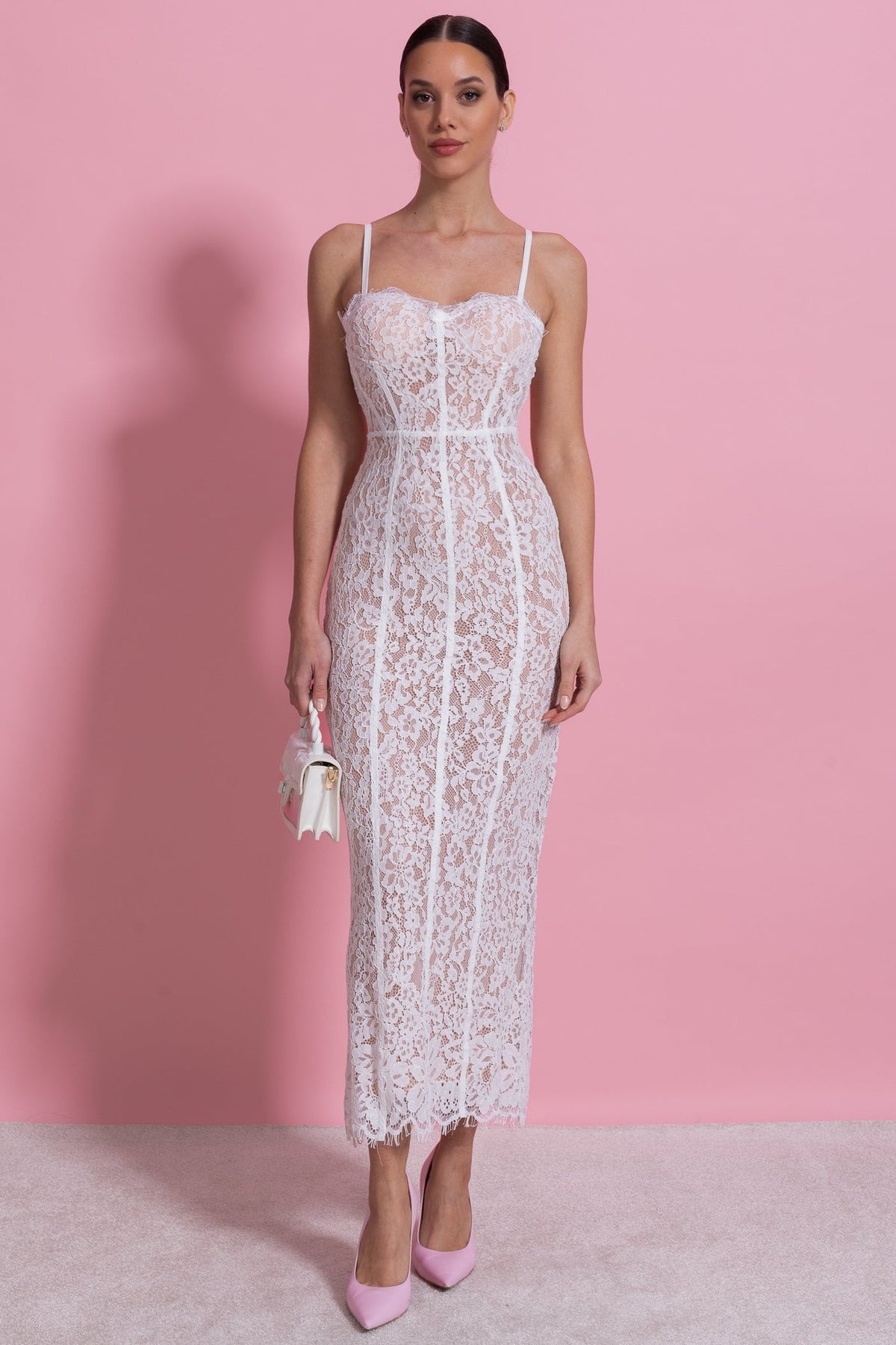 Lace Midi Dress With Sheer Corset Bodice - White - View 8