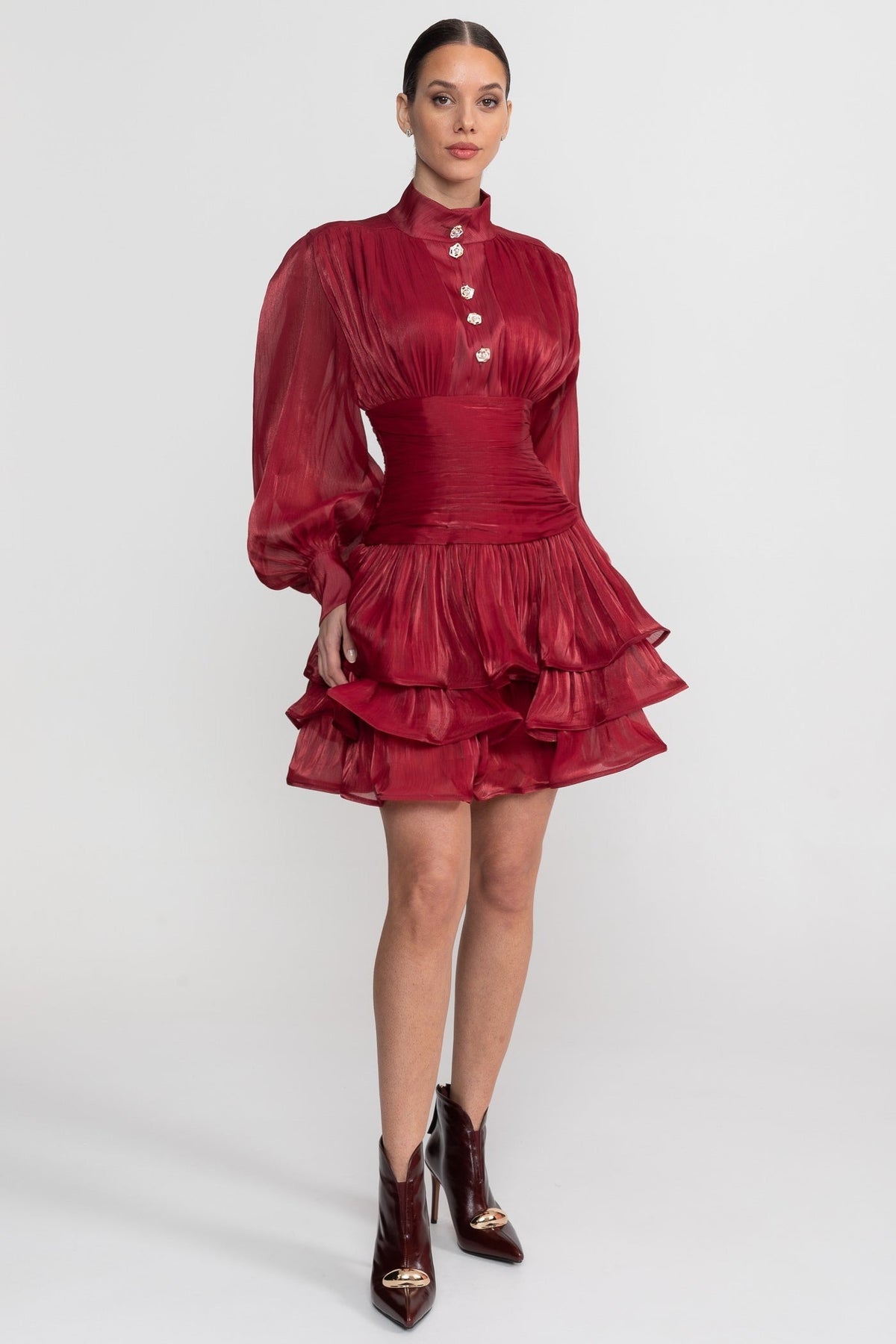 Draped Long Sleeve Mini Dress With Tiered Ruffle Skirt - Red - View 3