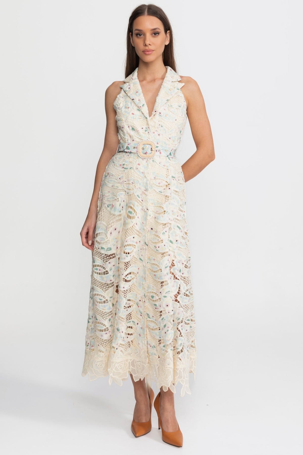 Halter Lace Midi Dress with Belted Waist – Ivoire - View 3