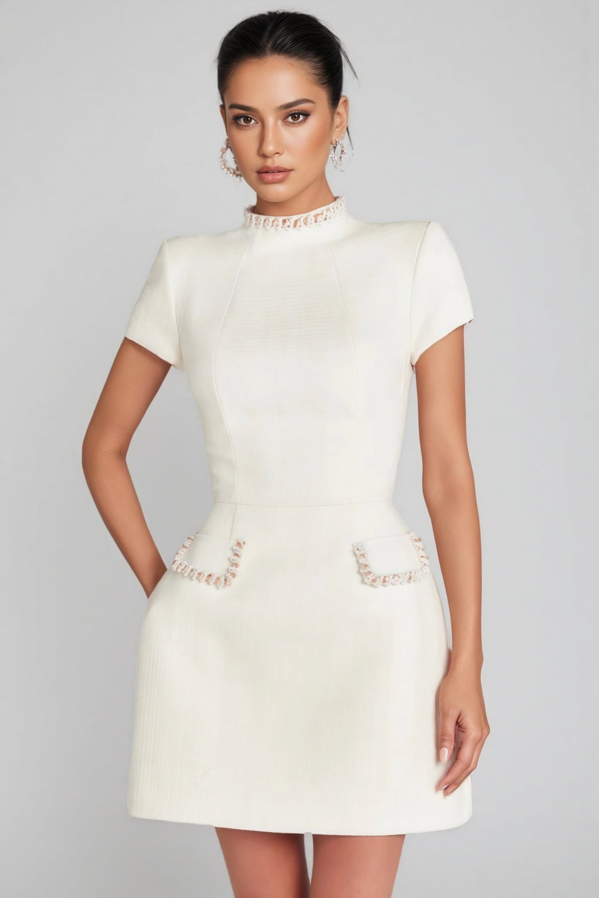 Structured Mock Neck Cap Sleeve Princess Seam A-Line Mini Dress - View 5