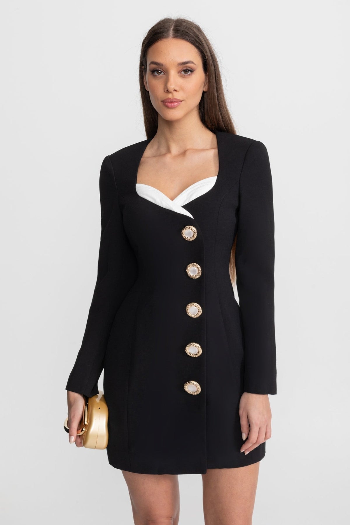 Contrast Bust Lapel Metallic Button Long Sleeve Tailored Mini Dress