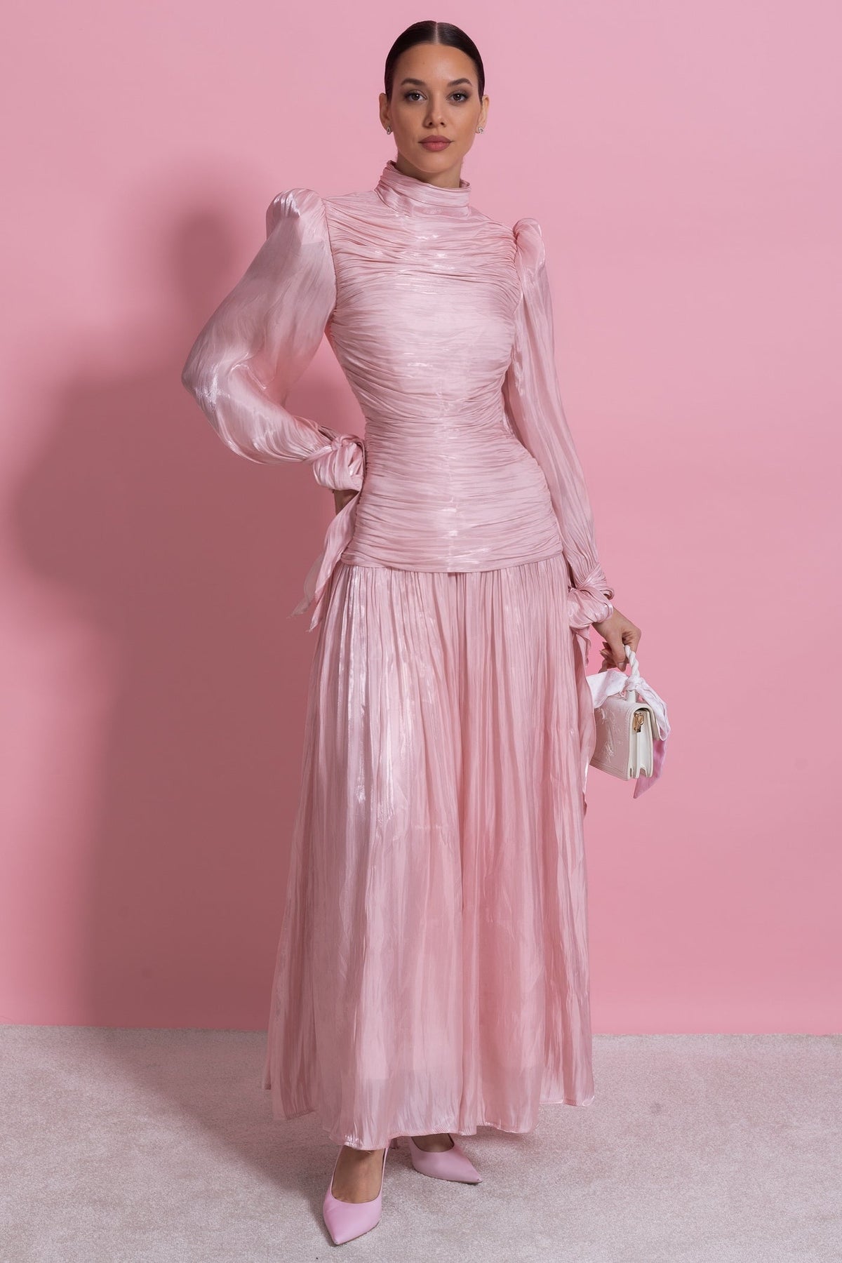 Ruched Long Sleeve Maxi Dress With Pleated Skirt - Blush Pink - View 3
