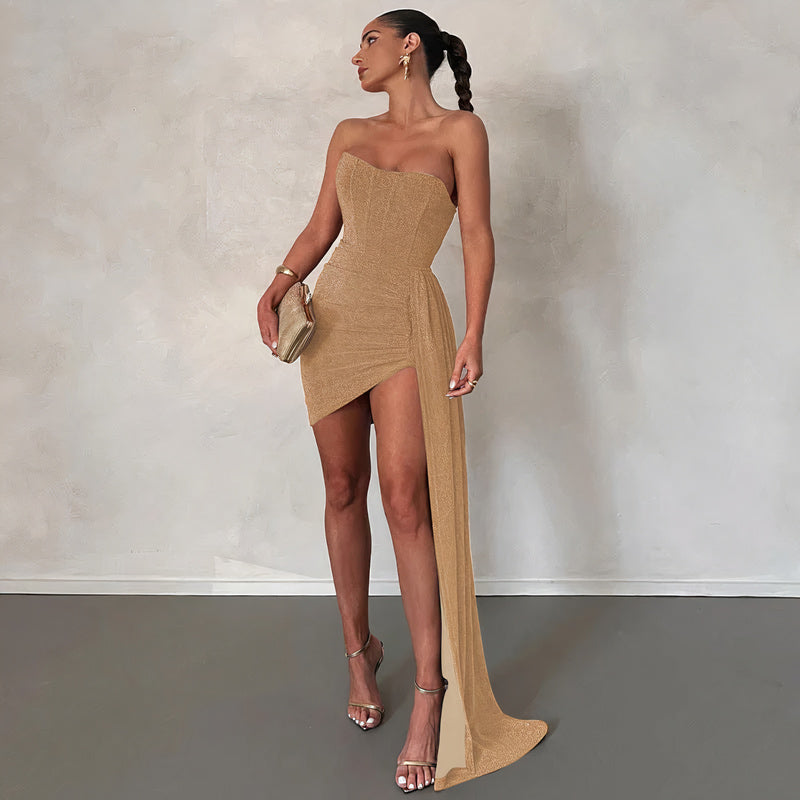 Glitter Strapless Corset Ruched Wrap Mini Cocktail Dress - View 5