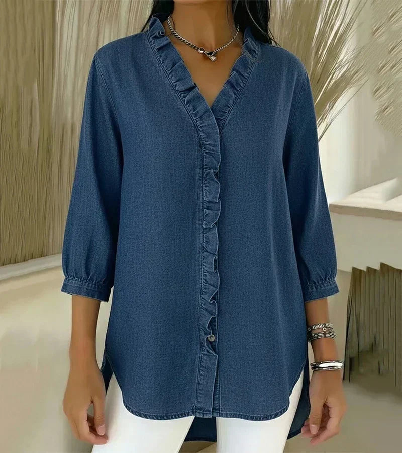 Ruffle Placket Stand Collar 3/4 Sleeve Denim Blouse 3