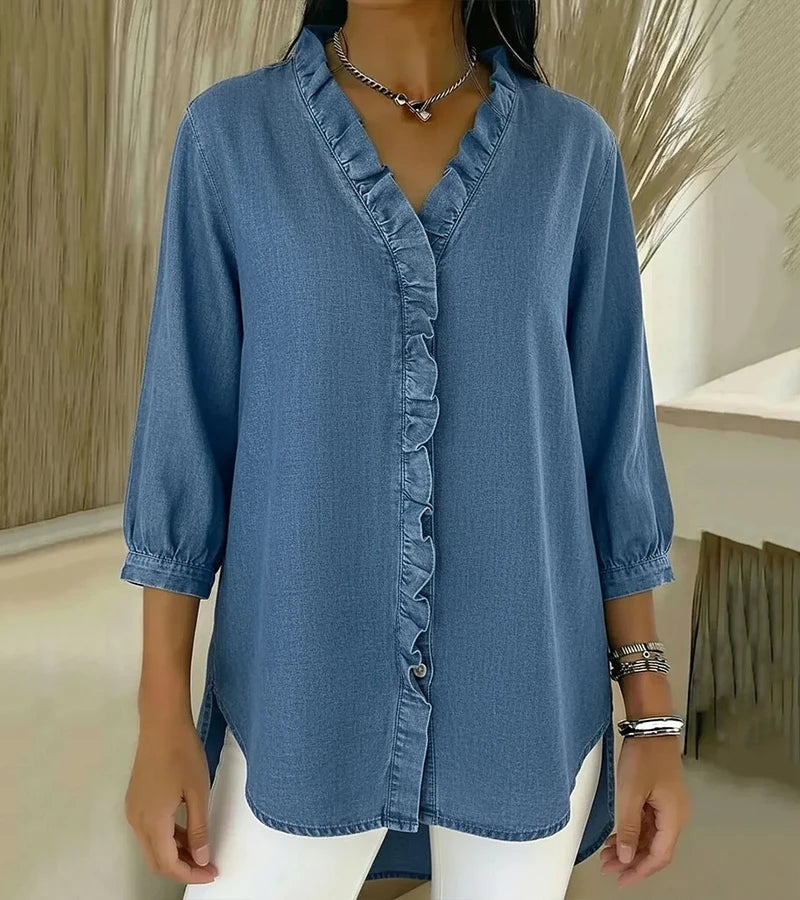 Ruffle Placket Stand Collar 3/4 Sleeve Denim Blouse 8