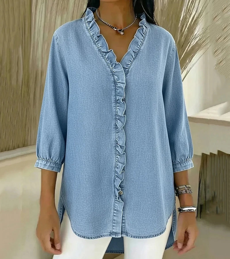 Ruffle Placket Stand Collar 3/4 Sleeve Denim Blouse 10