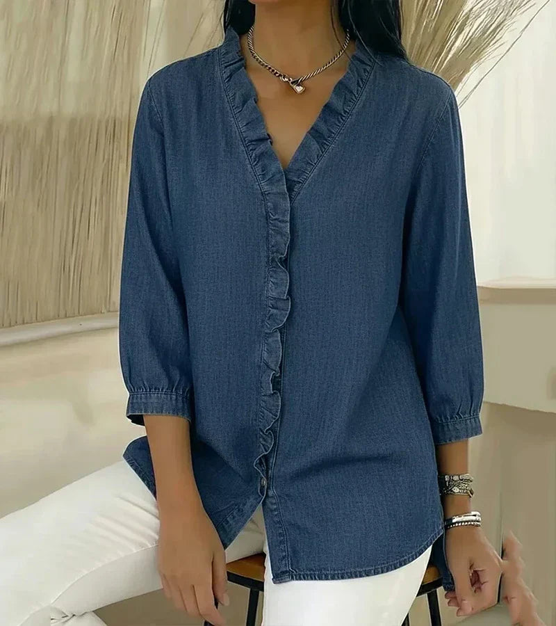 Ruffle Placket Stand Collar 3/4 Sleeve Denim Blouse 5