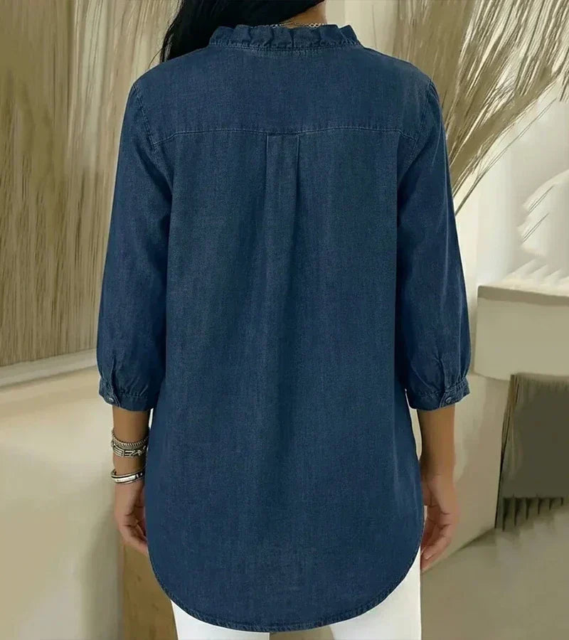 Ruffle Placket Stand Collar 3/4 Sleeve Denim Blouse 6