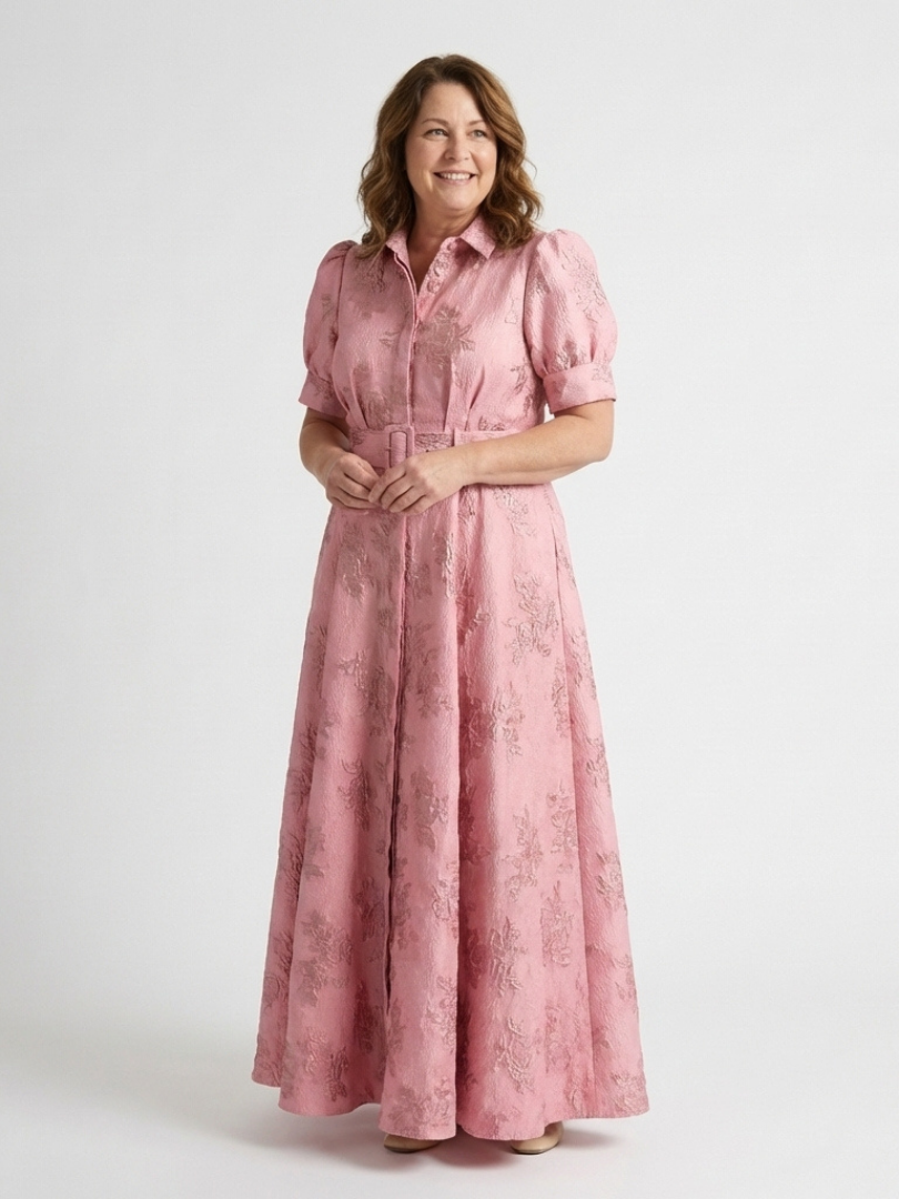 Floral Textured Collared Short Puff Sleeve Belted Maxi Shirt Dress 2