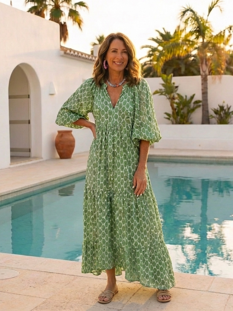 Geometric Print V-Neck Puff Sleeve Tiered Maxi Dress 8
