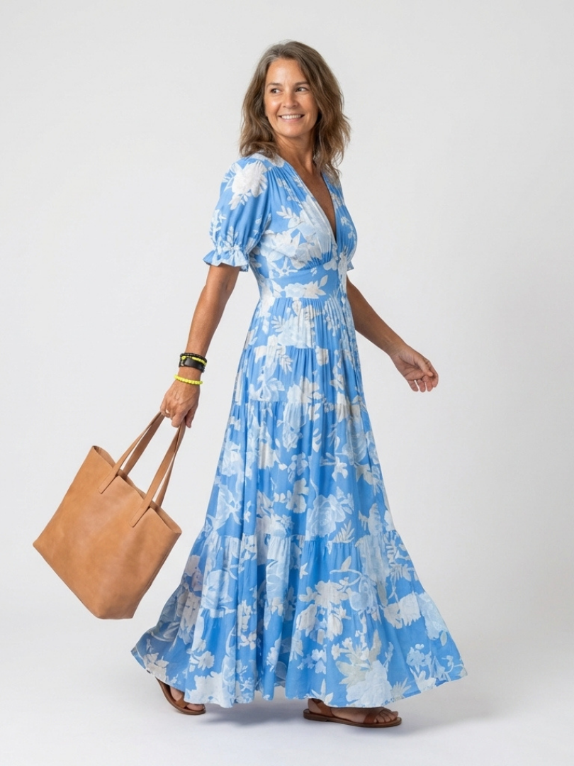 Floral Deep V-Neck Short Sleeve Tiered Maxi Dress 4