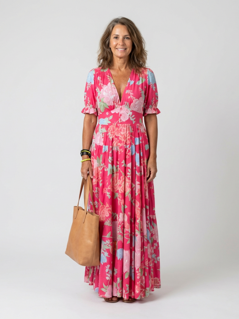 Floral Deep V-Neck Short Sleeve Tiered Maxi Dress