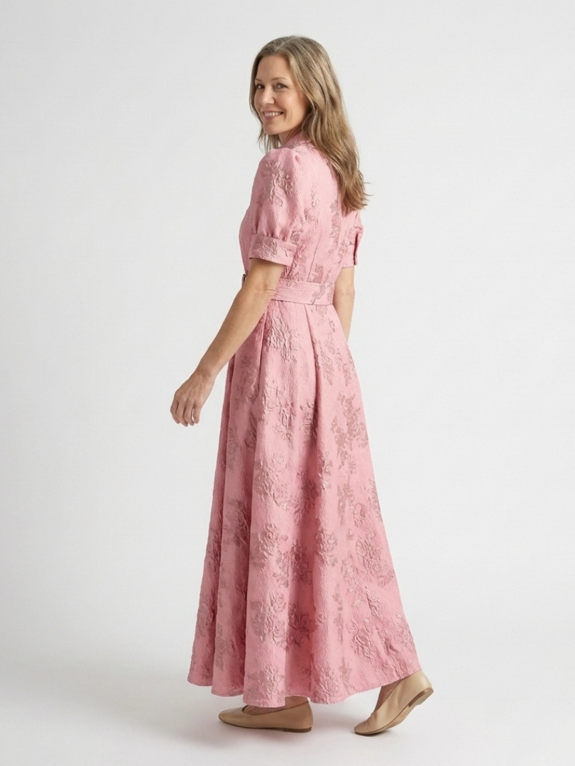 Floral Textured Collared Short Puff Sleeve Belted Maxi Shirt Dress 3