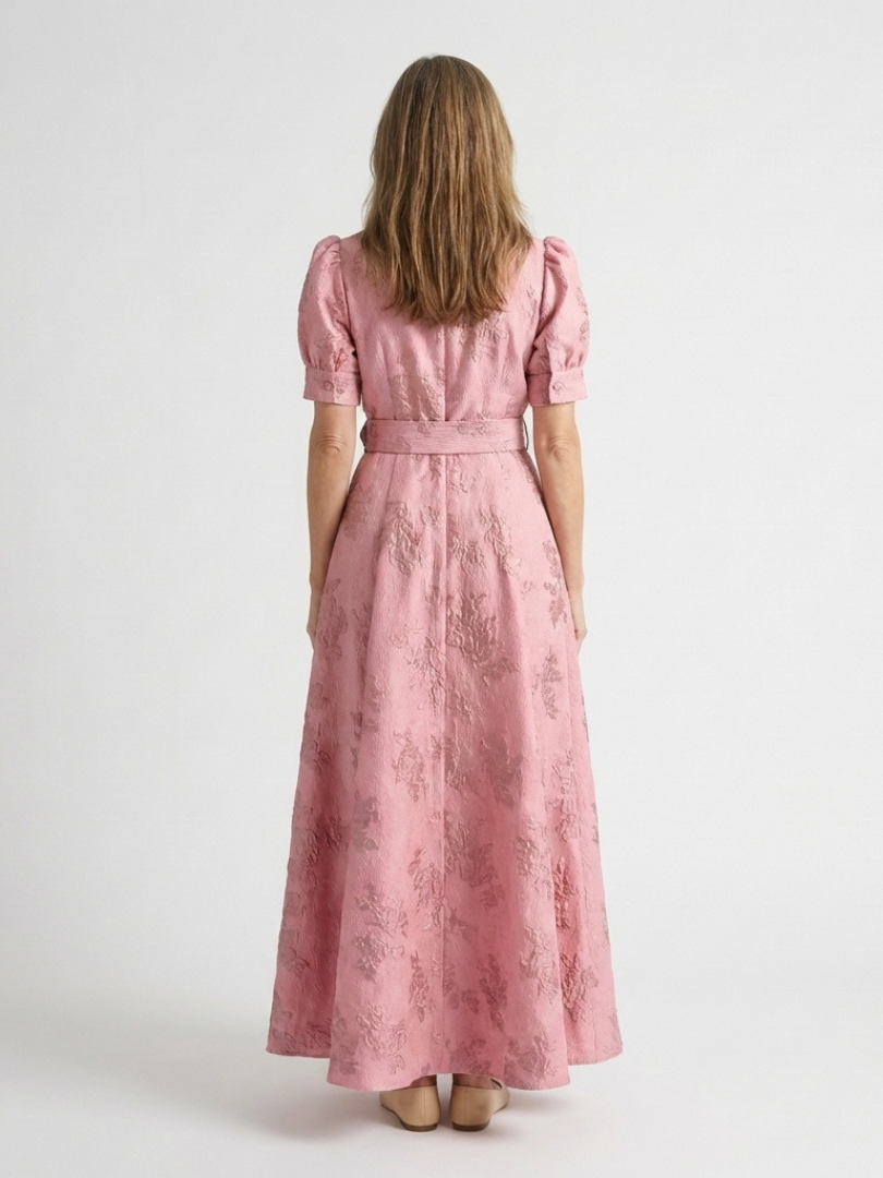 Floral Textured Collared Short Puff Sleeve Belted Maxi Shirt Dress 4
