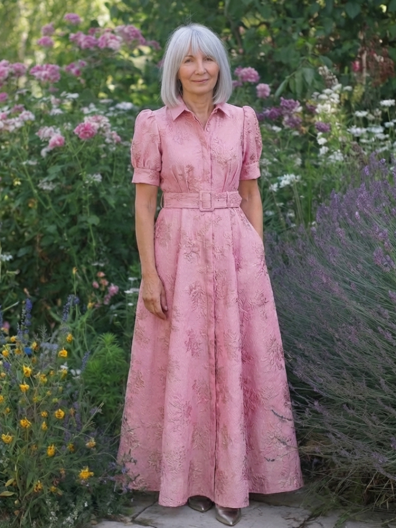 Floral Textured Collared Short Puff Sleeve Belted Maxi Shirt Dress 7