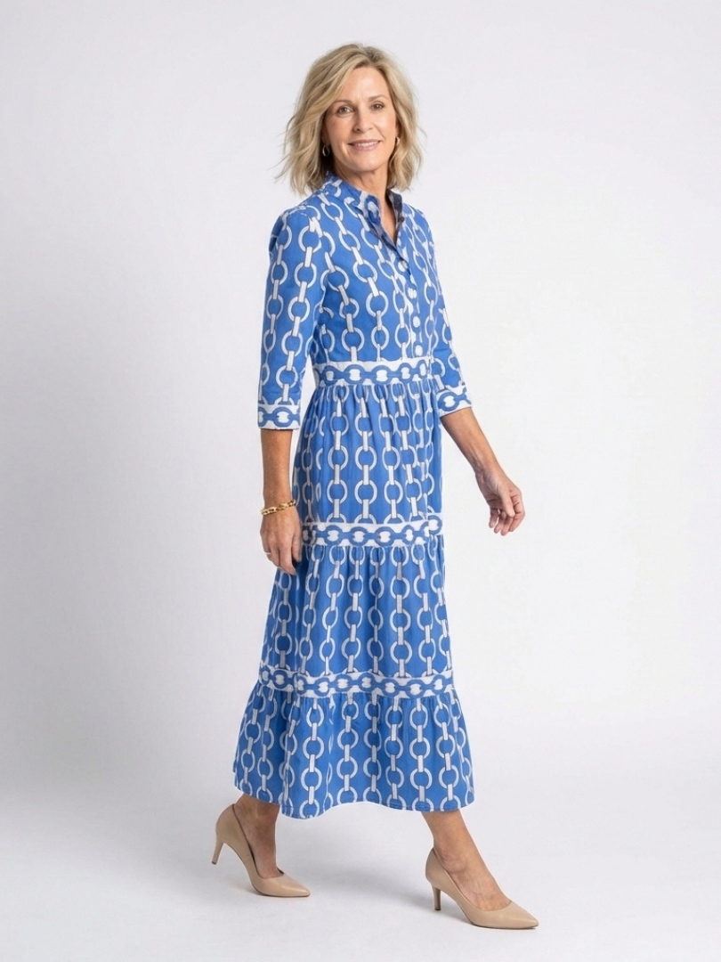 Chain Print Band Collar 3/4 Sleeve Tiered Maxi Dress 2
