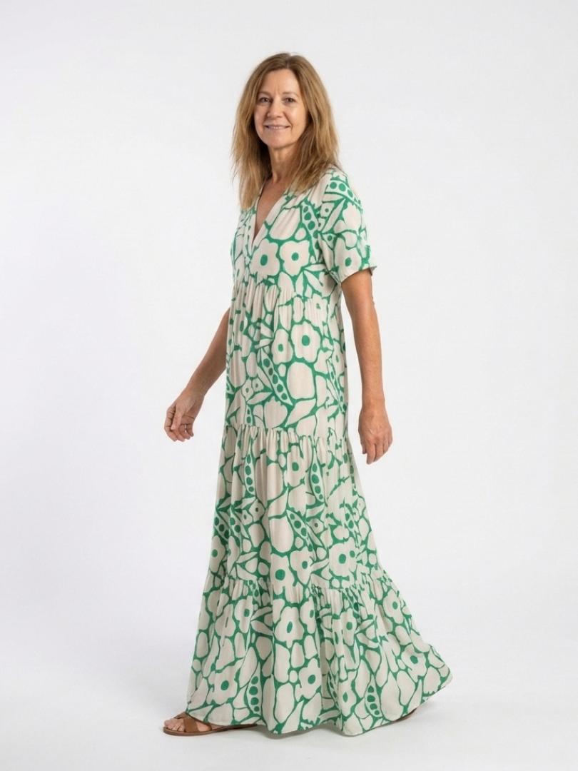 Floral Print V-Neck Short Sleeve Tiered Maxi Dress 2