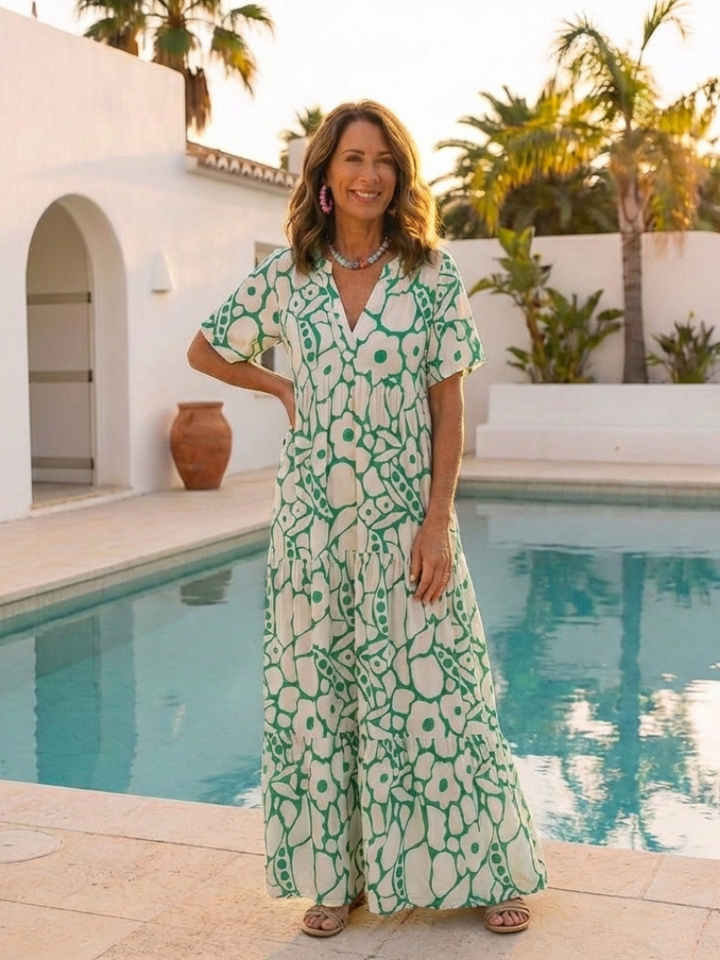 Floral Print V-Neck Short Sleeve Tiered Maxi Dress 5