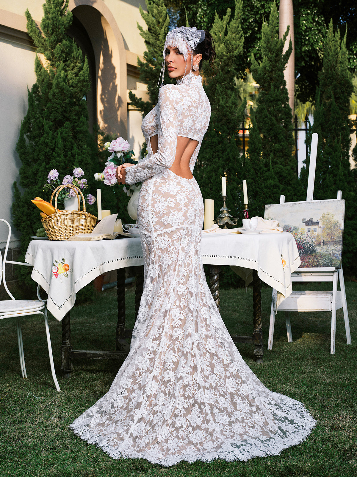 Floral Lace Long Sleeve Cut Out Mermaid Maxi Gown - View 6