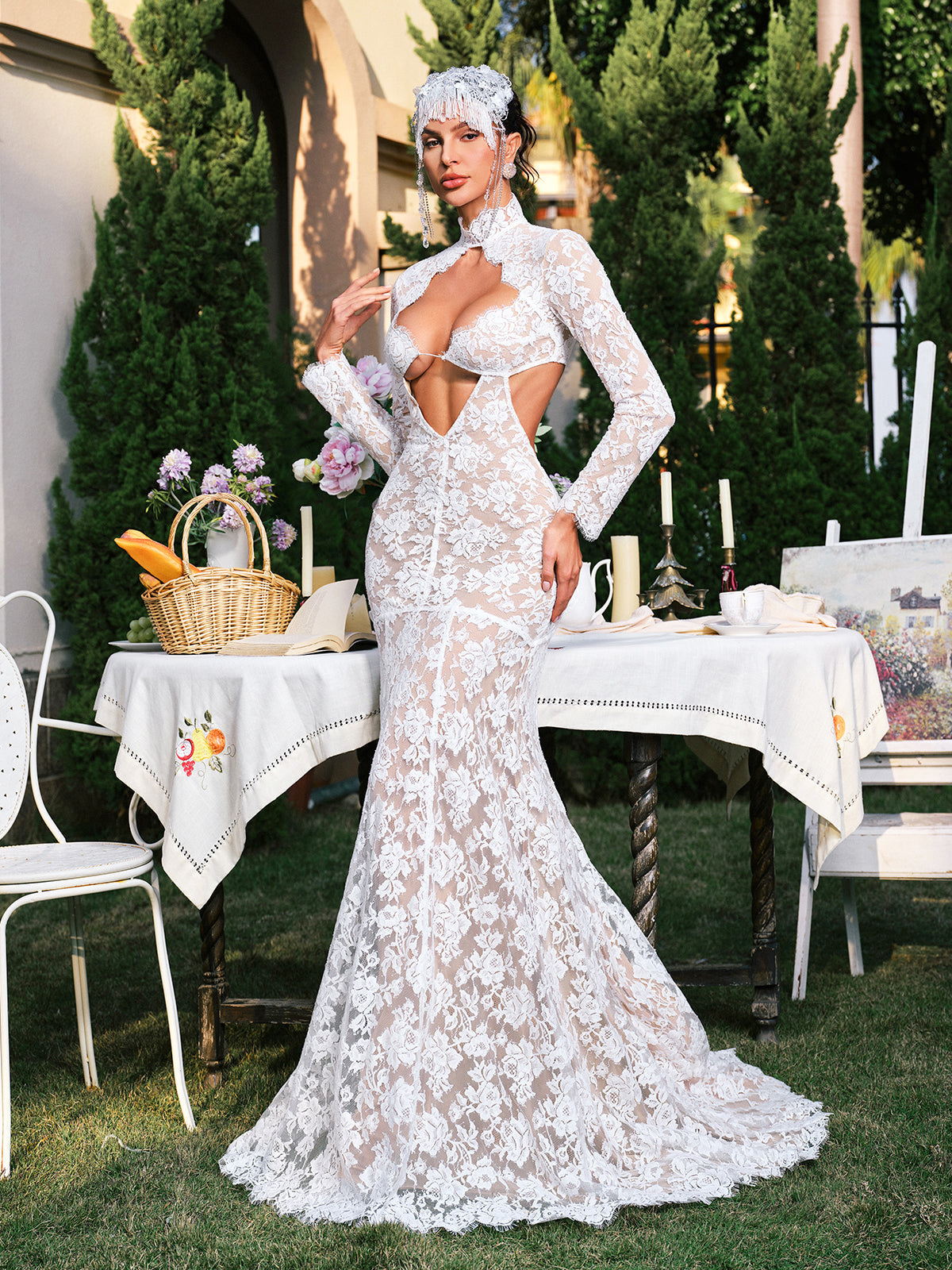 Floral Lace Long Sleeve Cut Out Mermaid Maxi Gown - View 5