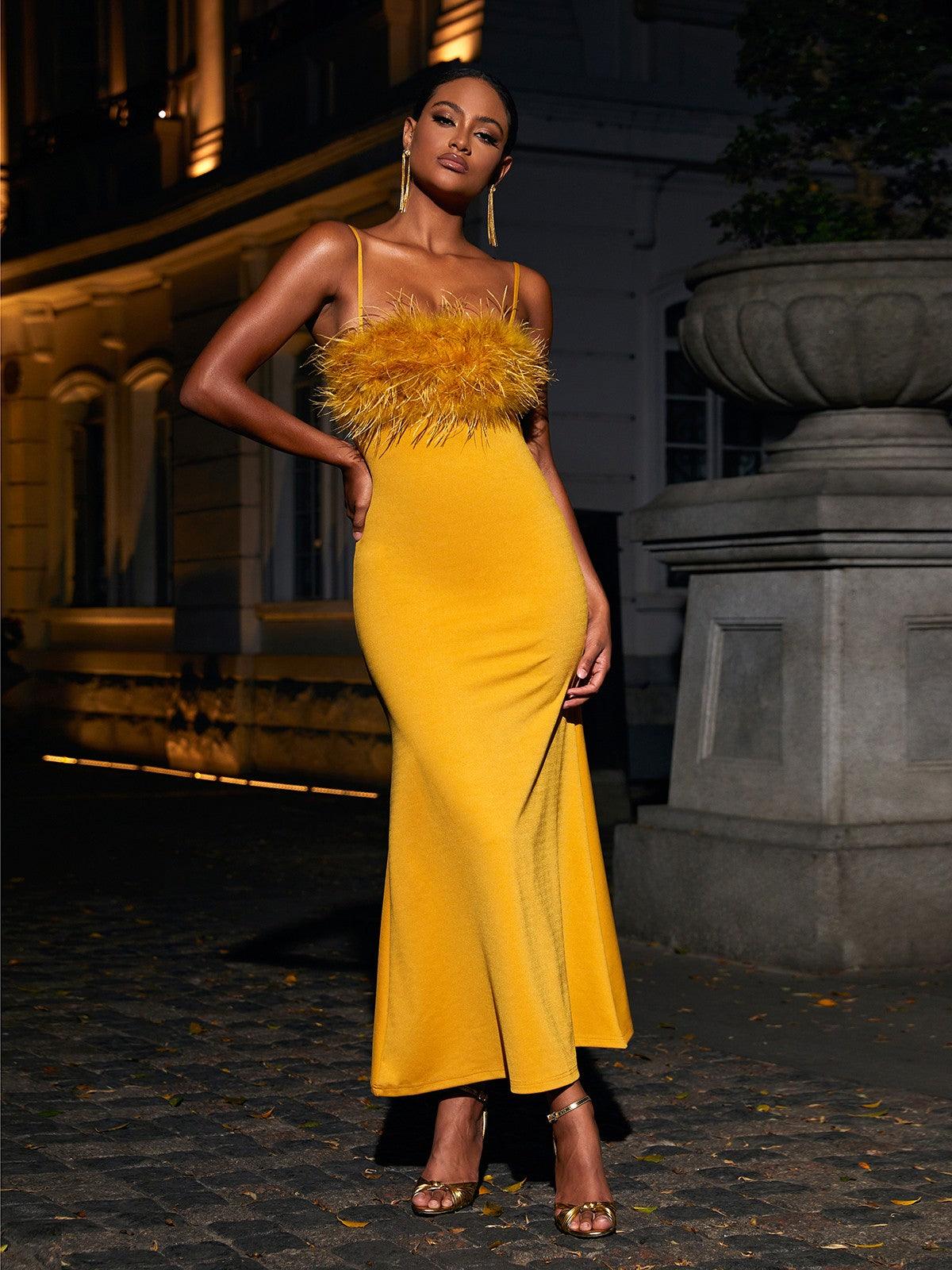 Spaghetti Strap Feather Trim Bodycon Maxi Dress