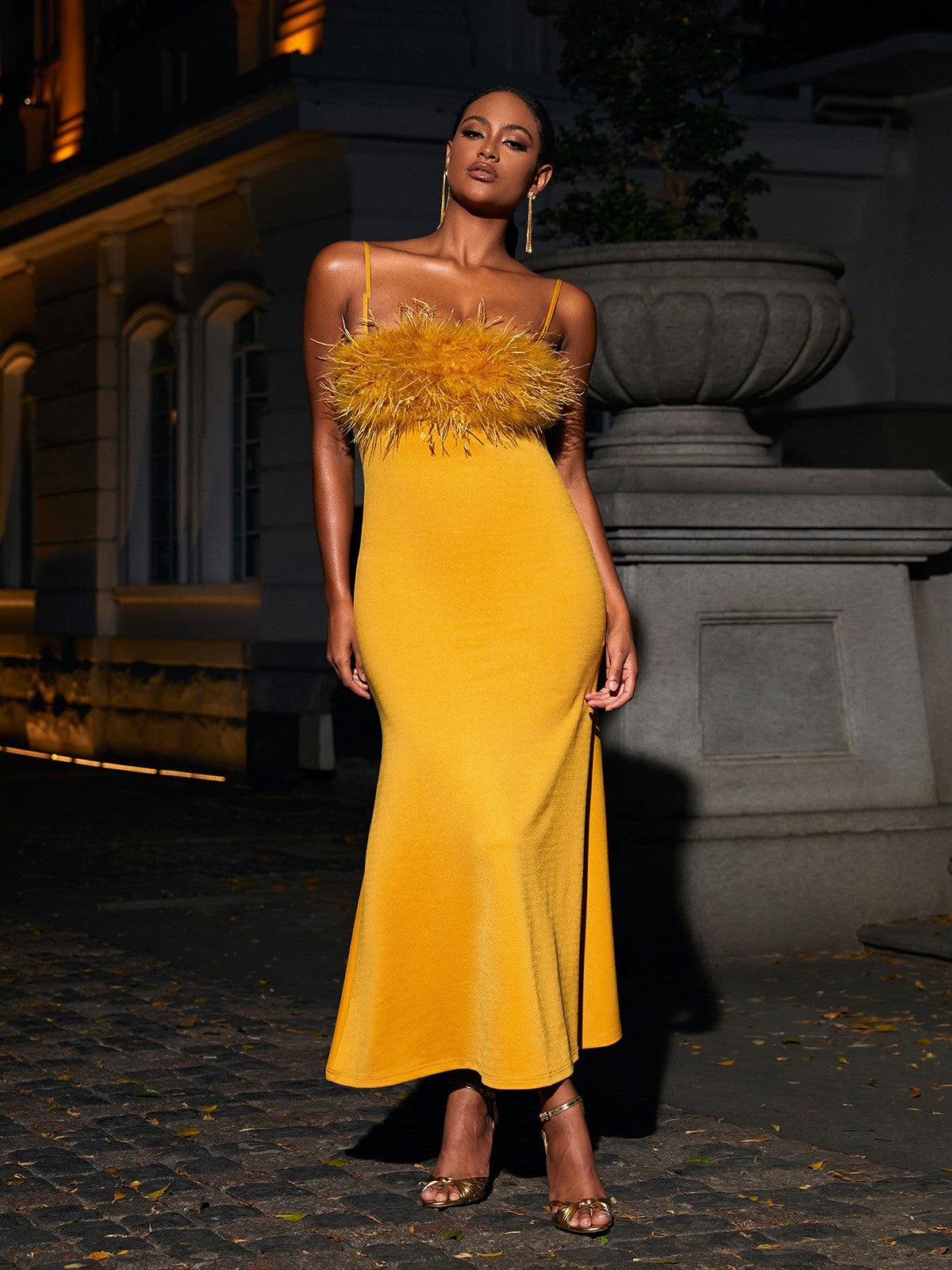 Spaghetti Strap Feather Trim Bodycon Maxi Dress - View 4