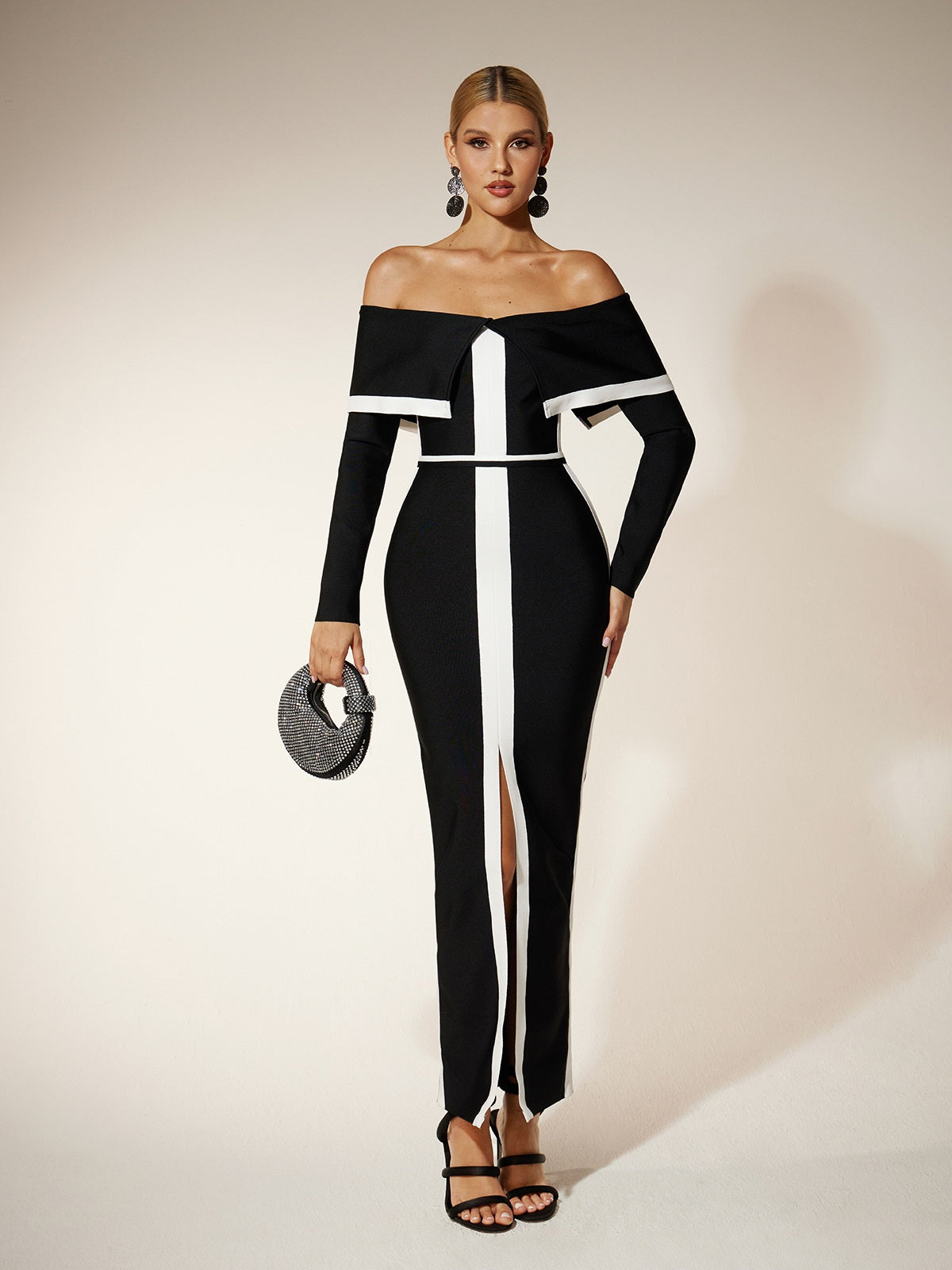 Off Shoulder Folded Collar Long Sleeve Bandage High Split Maxi Dress