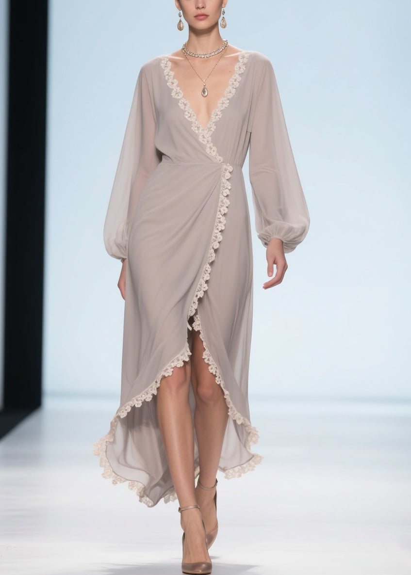 Elegant Apricot Lace Low High Design Chiffon Maxi Dresses