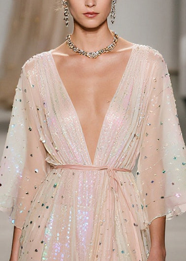 Sequin Deep V-Neck Kimono Sleeve Tie Waist High Low Midi Dress - View 2